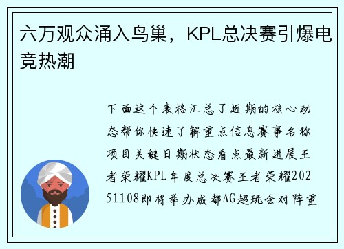 六万观众涌入鸟巢，KPL总决赛引爆电竞热潮 